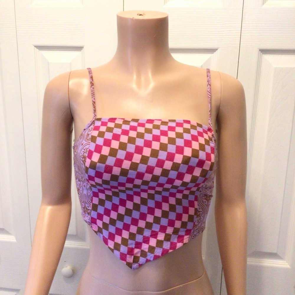 SO Juniors Pink Lavender Floral Checked Contrast Bandana Crop Tank Top Size XS